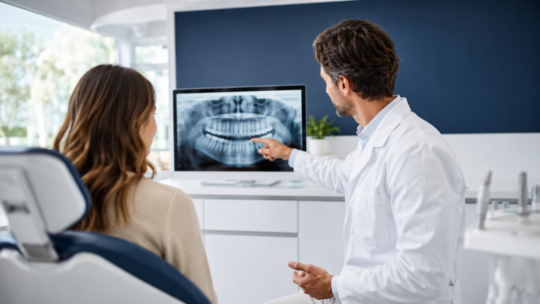 Médecin-dentiste montrant une radiographie panoramique des dents de sagesse à une patiente à Montreux