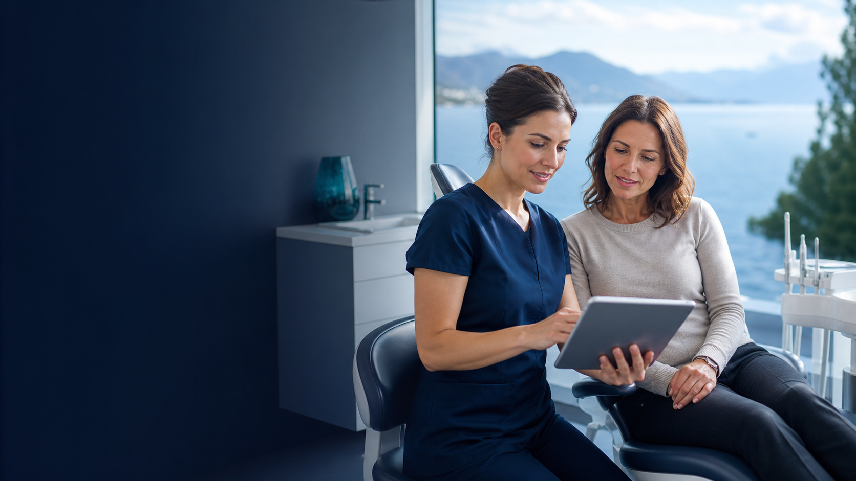 Dentist explaining a treatment plan and cost estimate to a patient in Montreux