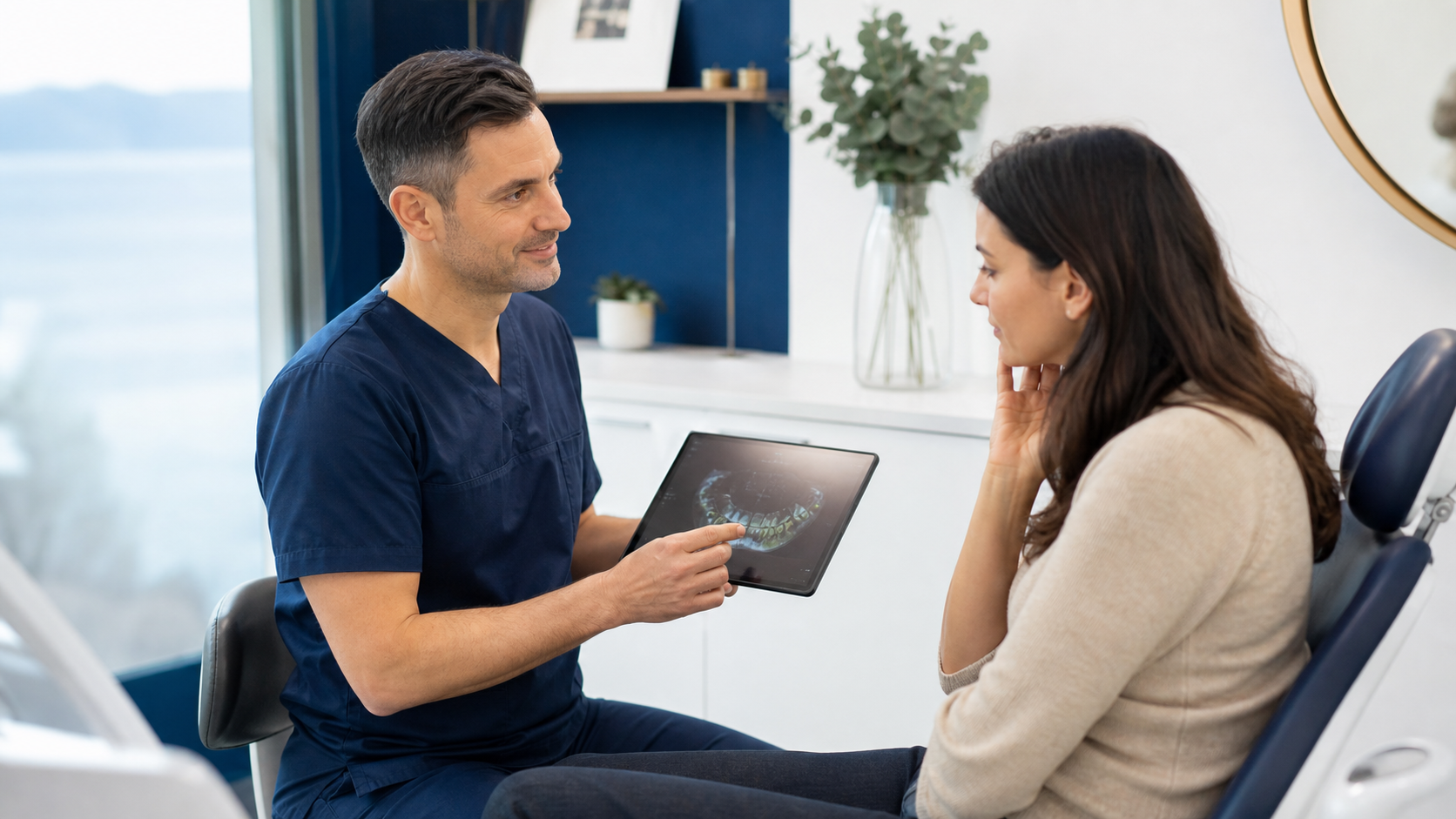 Médecin-dentiste échangeant avec une patiente lors d’une consultation rassurante