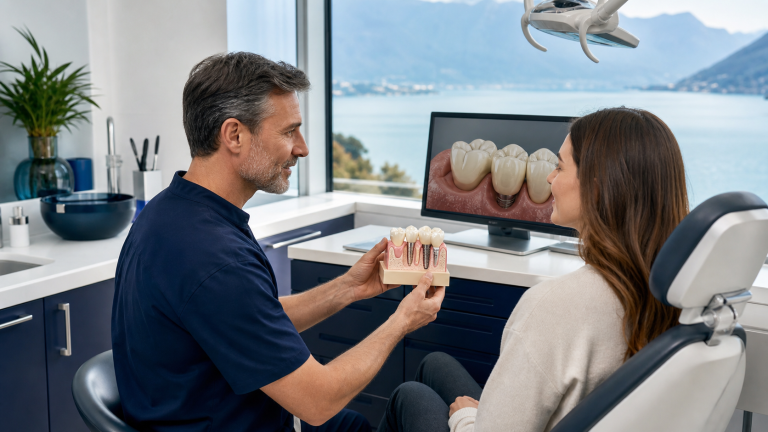 Médecin-dentiste expliquant un implant et une restauration dentaire à une patiente