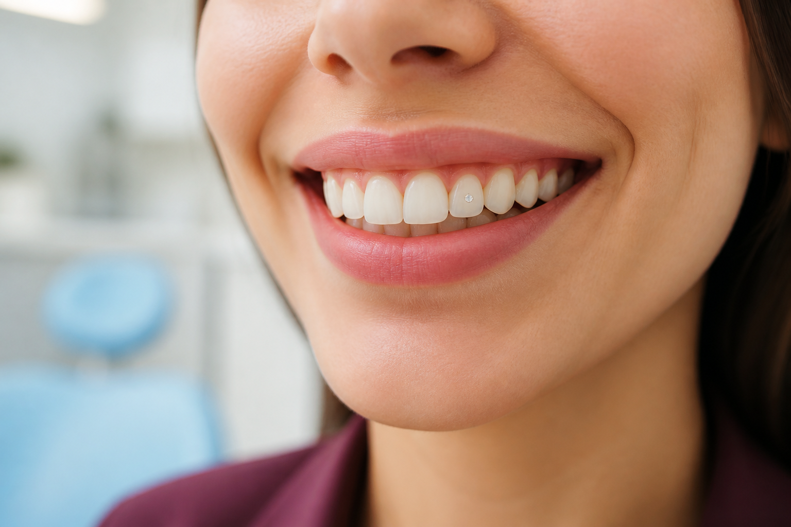 Sourire naturel avec un strass dentaire discret posé sur une incisive
