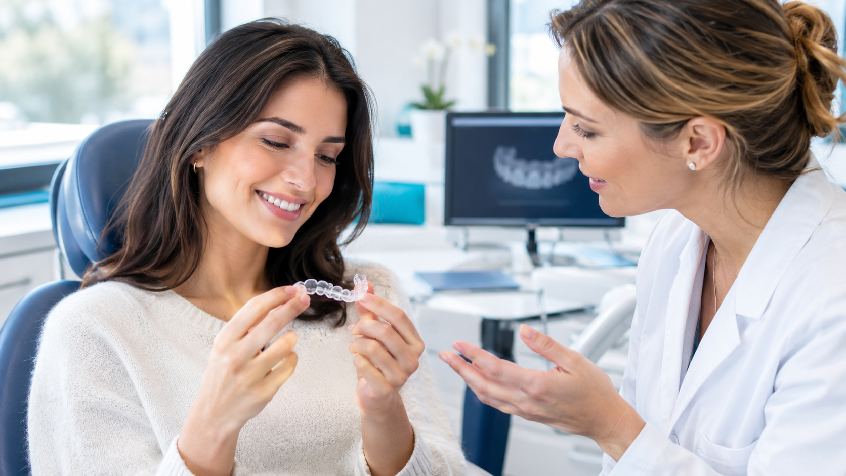 Patiente adulte souriante tenant un aligneur dentaire transparent pendant les explications d’une médecin-dentiste dans un cabinet à Montreux