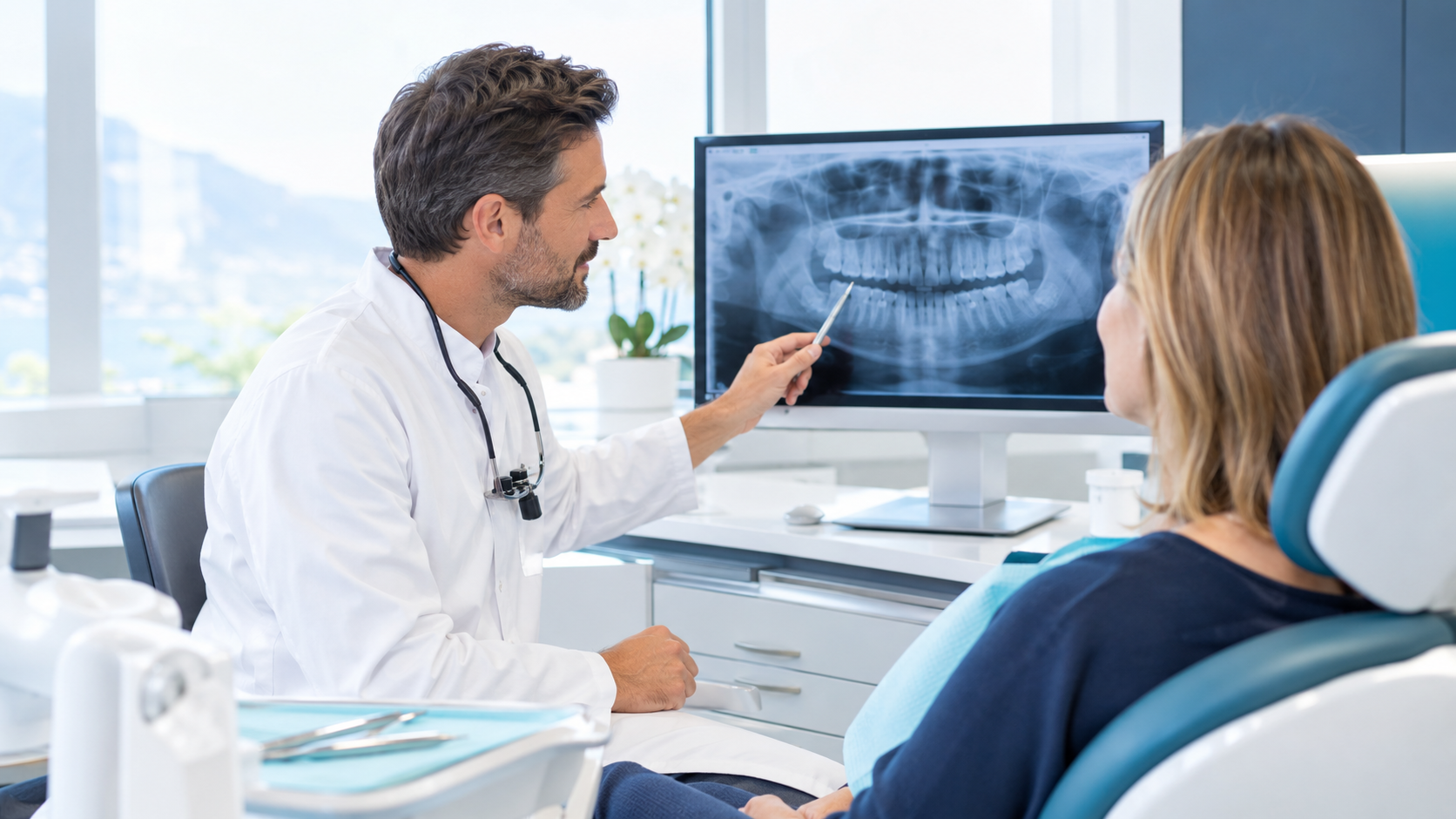 Médecin-dentiste expliquant une radiographie panoramique à une patiente lors du bilan pré-implantaire, cabinet dentaire à Montreux