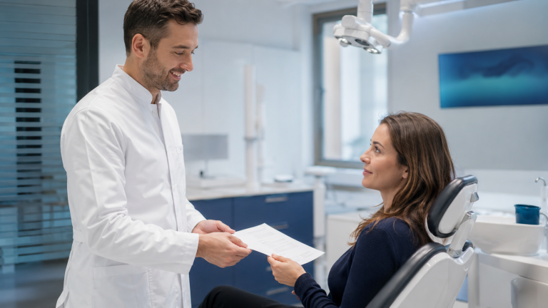 Médecin-dentiste remettant une fiche de consignes post-opératoires à une patiente après une extraction, à Montreux