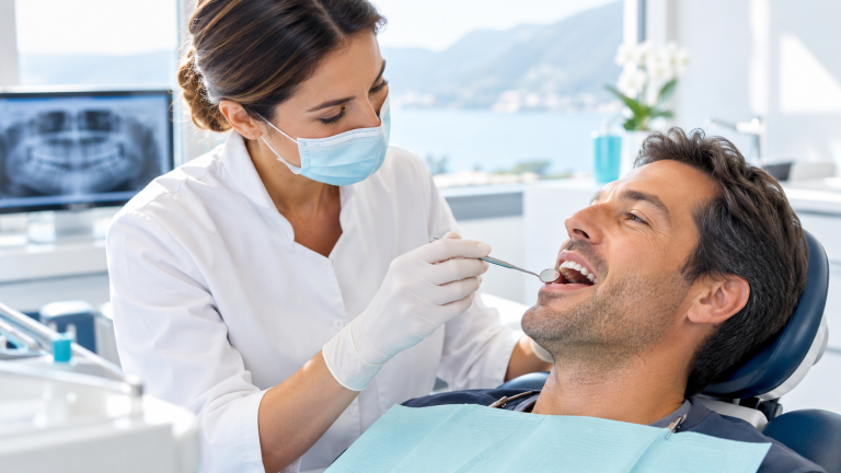 Médecin-dentiste examinant les dents d’un patient détendu lors d’un contrôle de routine à Montreux