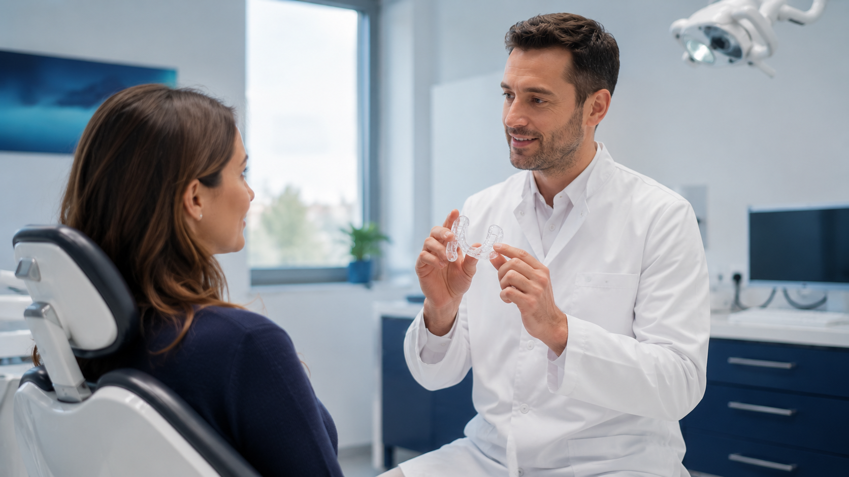 Médecin-dentiste présentant une gouttière de protection nocturne transparente à un patient à Montreux
