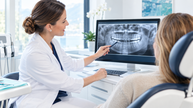 Dentiste montrant une radiographie panoramique dentaire à une patiente dans un cabinet dentaire moderne à Montreux