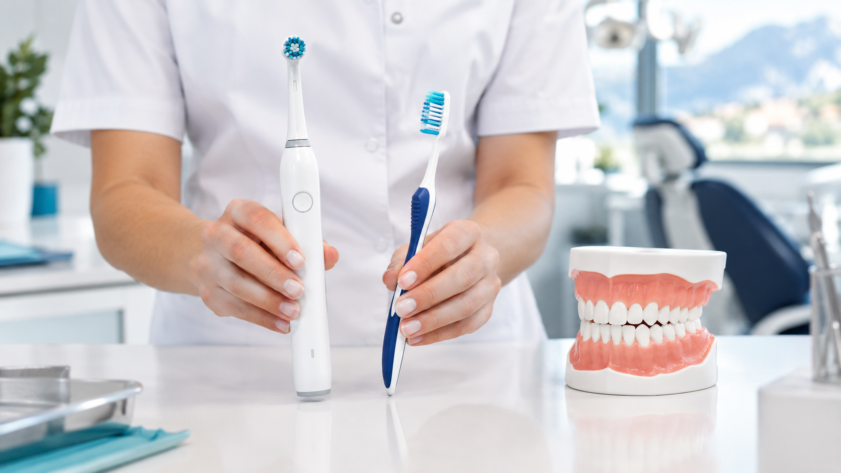 Hygiéniste dentaire présentant une brosse à dents électrique et une brosse manuelle à côté d’un modèle dentaire, dans un cabinet lumineux à Montreux