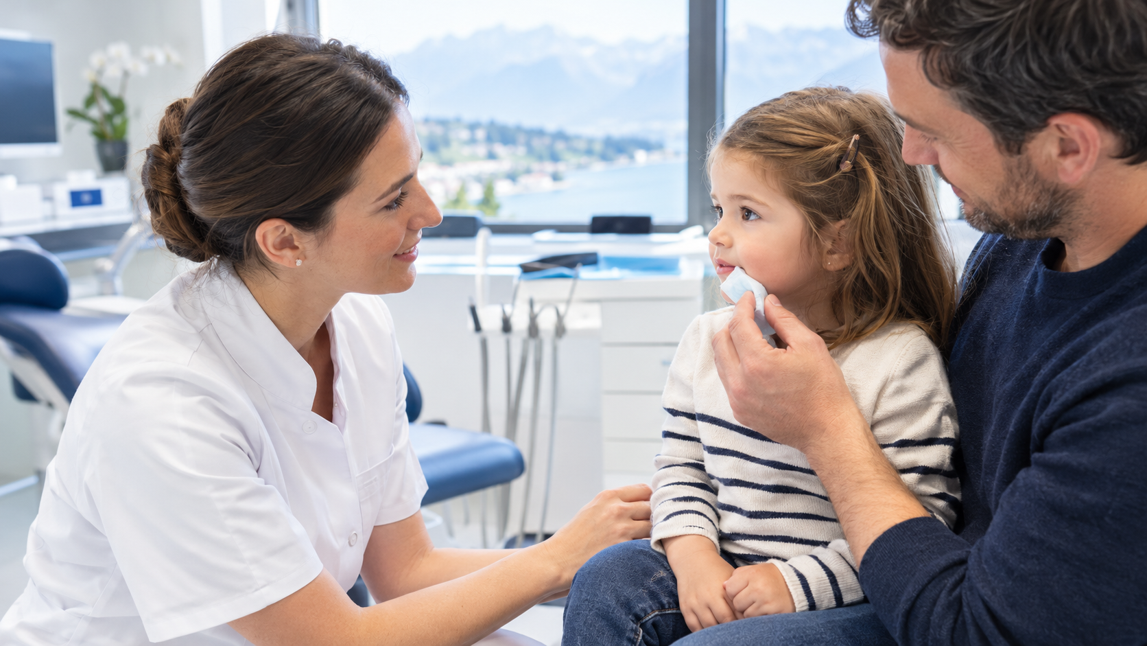 Médecin-dentiste rassurant une petite fille assise sur les genoux de son père, qui tient une compresse froide près de sa lèvre, dans un cabinet dentaire lumineux avec vue sur le lac à Montreux