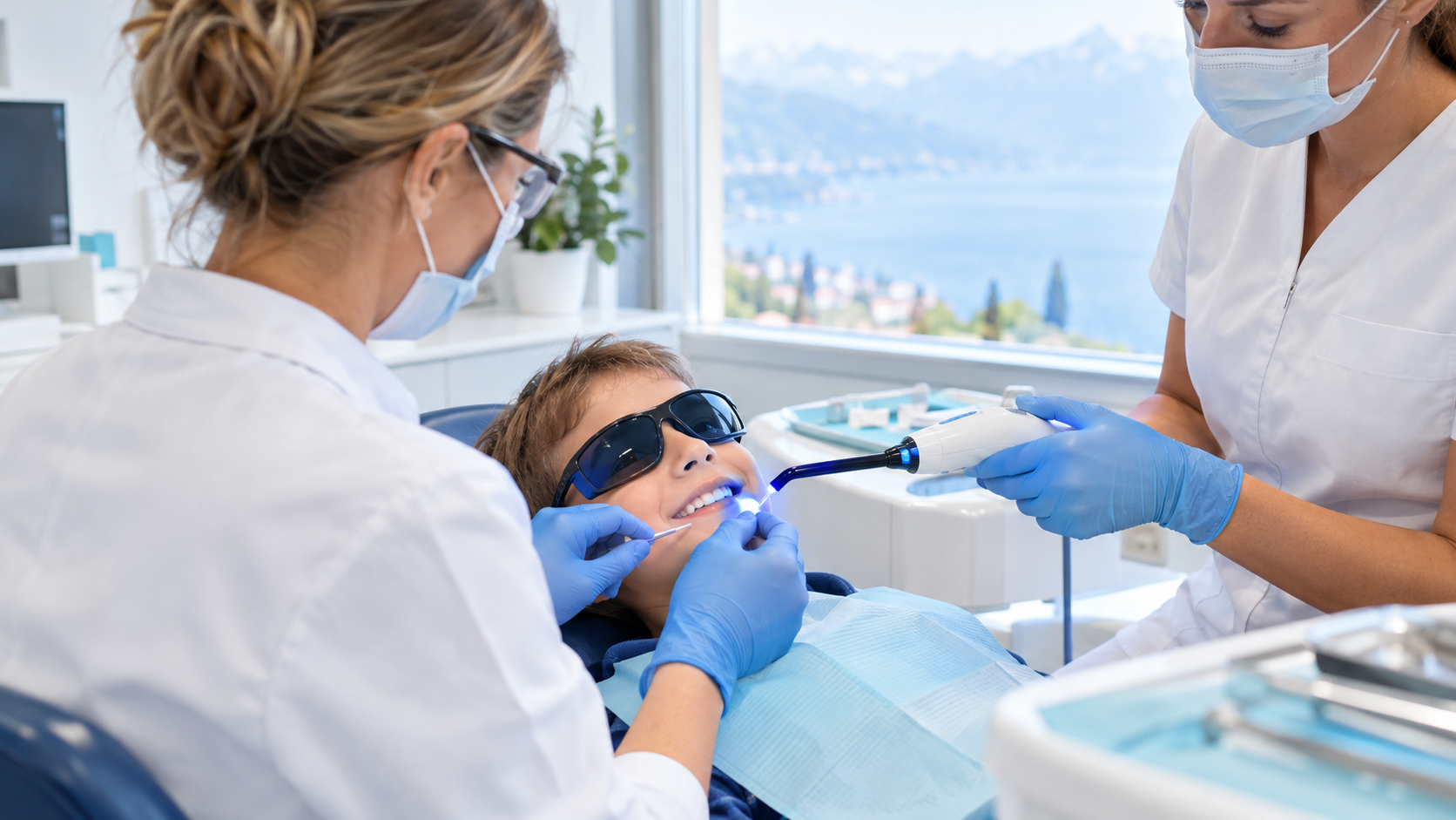Dentiste appliquant un scellement des sillons sur une molaire d’un enfant souriant avec lunettes de protection, assistante tenant la lampe de polymérisation, vue sur le lac Léman